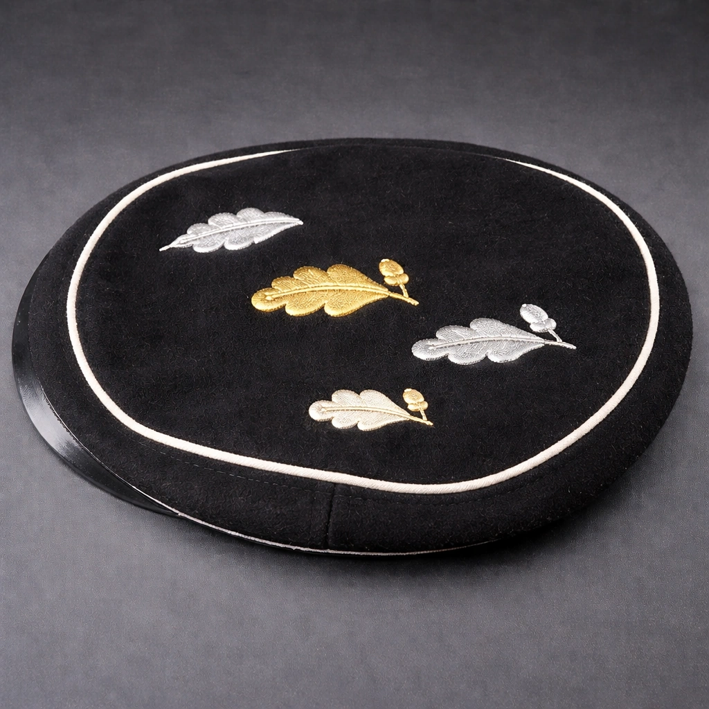 Detailaufnahme einer bestickten Mütze mit Landesvater-Stickerei